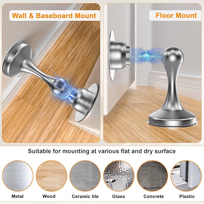 Crosize Magnetic Door Stoppers 2 Pack, Stainless Steel Door Stops for Wall and Floor Mounting, Door Holder Keep Door Open, No Drilling Door Stop with Adhesive Tapes, Silver
