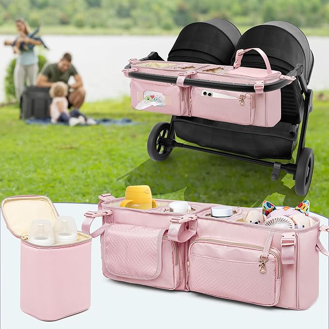 Double Stroller Organizer Compabitle with BOB Duallie and Baby Jogger City Mini GT2 Double Stroller, Double Parent Stroller Caddy Organizer with Cup Holder and Cooler Bag, Pink(Empty Bag)