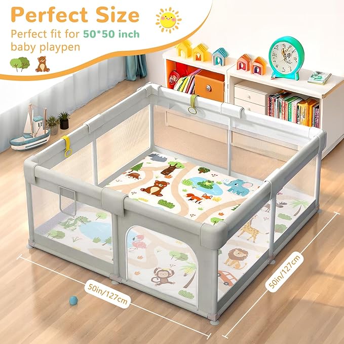 Baby Play Mat Toddler Playpen Mat 50 x 50 inch, Removable-Washable Cover,Extra Thick Foam Padding,Non-Slip Crawling Cushion for Infants, Toddlers & Babies Tummy Playing Time