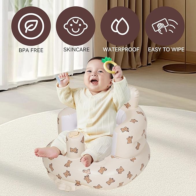 Inflatable Baby Seat Blow up Chair Inflatable Infant Chair for Babies 3-36 Months Learn to Sit up Floor Seat Bliss Built in Air Pump Brown Bear