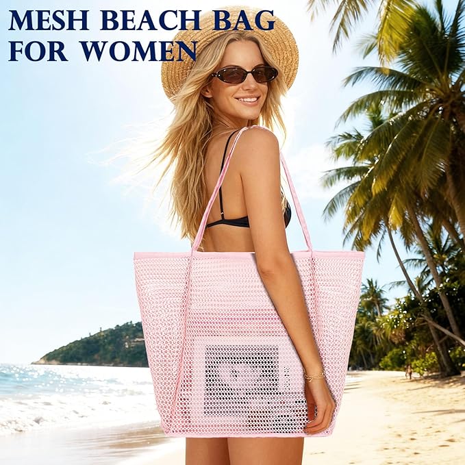 Mesh Beach Bag, Large Beach Tote with Zipper Pocket for Family Pool Bag for Toys & Vacation Essentials