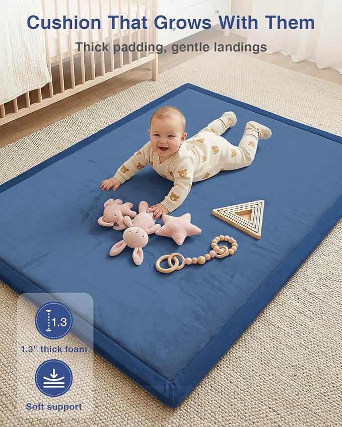 Baby Play Mat for Floor,1.3" Thick 50x50 Playpen Mat,Tummy Time Foam Mats,Plush Soft Padded Playmate for Babies 6-12 Months Crawling,Non-Slip Nursery Rug for Toddler Kids Playroom(Navy Blue)