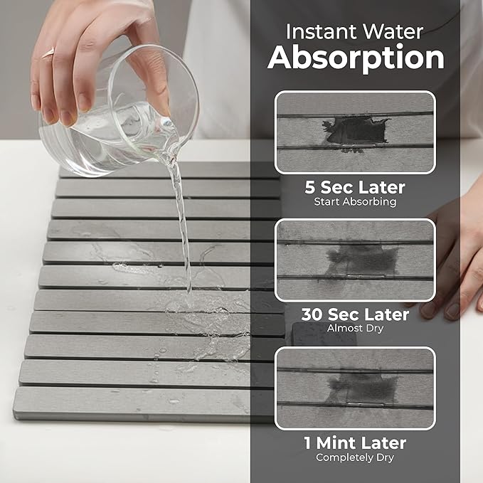Large Stone Dish Drying Mat for Kitchen Counter, 2PCS Quick Dry Stone Dishes Mats, Foldable Water Absorbing Diatomaceous Earth Drying Pad for Bottles Dish Cups(Light Gray 24"×16" & 8"x5")