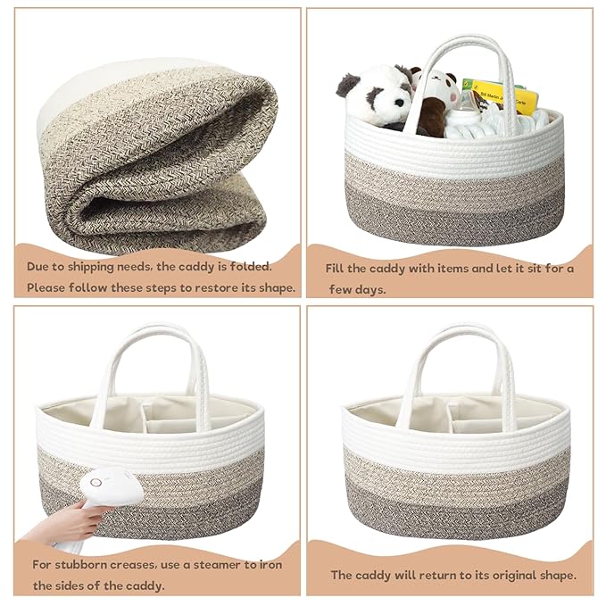 luxury little Diaper Caddy Organizer, Large Cotton Rope Nursery Baby Basket, Changing Table Organizer for Baby Diaper Storage, Portable Car Organizer Removable Divider (Gradient Brown, Large)