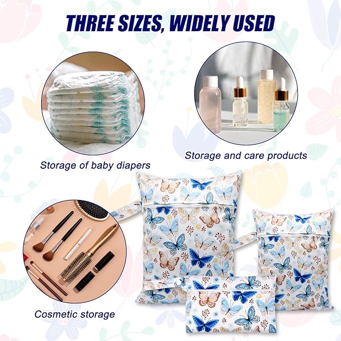 3pcs Cloth Diaper Wet Dry Bags Waterproof Reusable with Two Zippered Pockets Travel Beach Pool Daycare Soiled Baby Items Yoga Gym Bag for Swimsuits or Wet Clothes (BUTTERFLY)