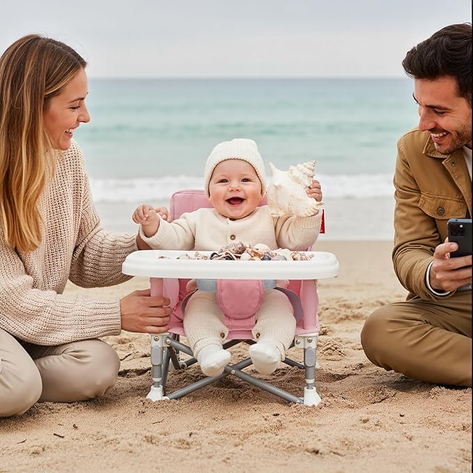 Tiny Marvels Portable Booster Seat, Foldable Baby High Chair with Removable Tray, Safety Harness & Carry Bag – for Toddlers Ages 6M-3Y, Ideal for Dining, Travel, Camping & Family Time