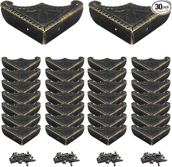 30Pcs Antique Box Corner Protectors, Decorative Edge Safety Guard Cabinet Furniture Corner Protectors for Jewelry Box and Wooden Case(2.3"x2.3"x0.5")