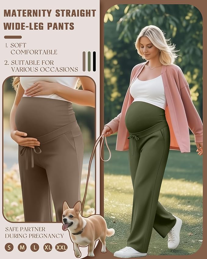 3 Pcs Maternity Sweatpants Over The Belly Pregnancy Straight Wide Leg Elastic Drawstring Pants Joggers with Pockets