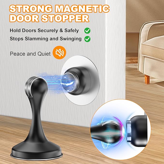Crosize Magnetic Door Stoppers 1 Pack, Stainless Steel Door Stops for Wall and Floor Mounting, Gate Stops, No Drilling Metal Doorstops with Adhesive Tapes, Black