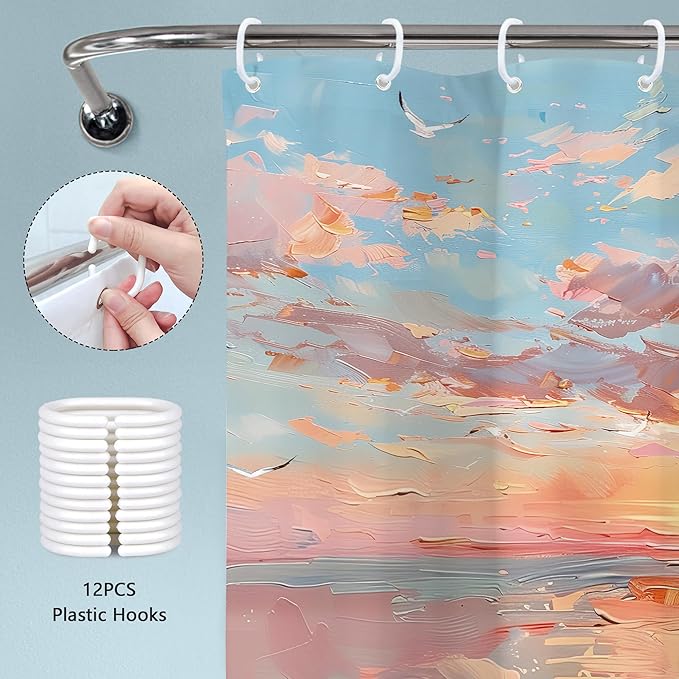 Beach Shower Curtain Ocean Beachy Abstract Blue Coastal Sunset Modern Sea Summer Nature Landscape Hawaii Seashore 60Wx72H Bathroom Decor Oil Painting Bath Curtain Fabric Polyester 12 Pack Hook