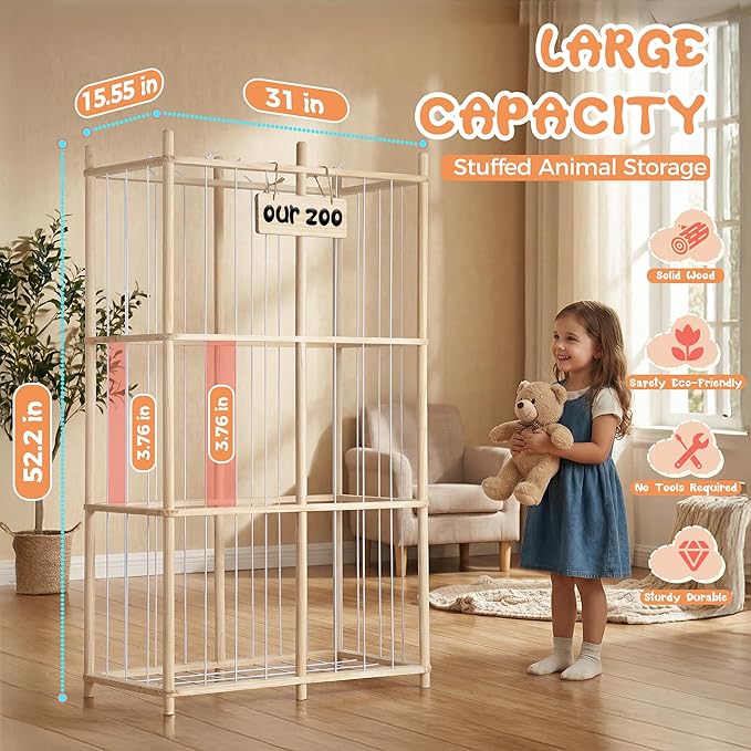 LAMU Stuffed Animal Storage, Wooden Zoo Stuffed Animal Holder with Elastic Cords, Space Save Plush Toy Cage, Double Capacity Extra Large Stuffed Animal Organizer for Playroom, Bedroom, Nursery, 31" W