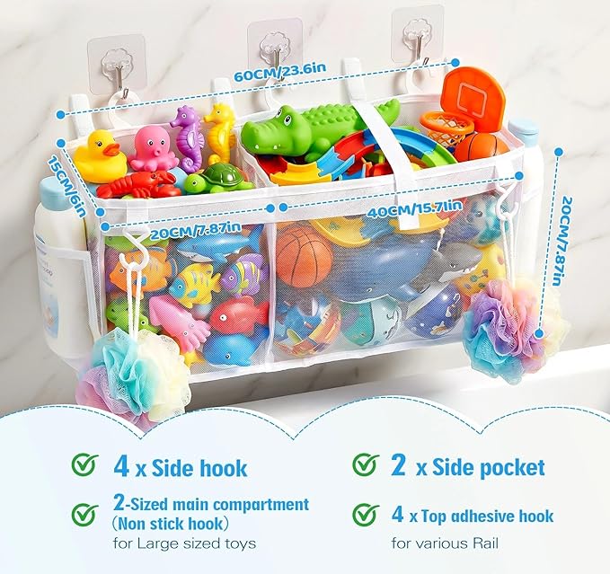 Extra Large Openings Bath Toy Organizer with 2 Compartments and Multiple Pockets, Quick-Dry Mesh Bathtub Toy Storage and Holder for Easy Access and Sorting of Toys