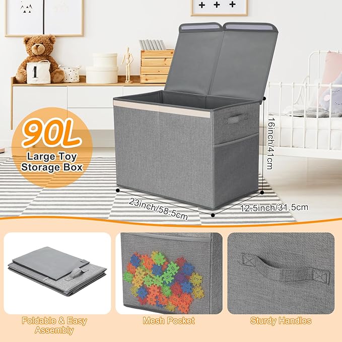 Fiwochic 3 Pack 23" Large Toy Storage Box with 11" Cubes Bins, Collapsible Toy Organizer Chest with Lids for Kids Nursery Playroom Bedroom Living Room Christmas Ornament Storage Box(Grey)