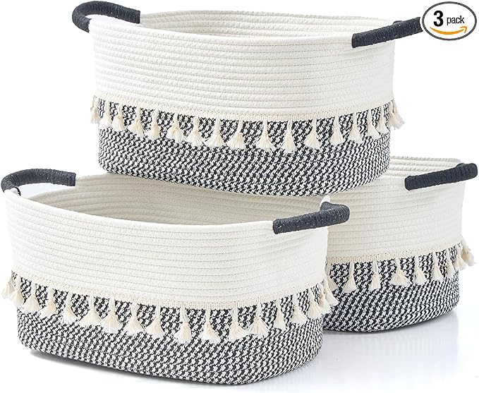 BUBUSUN Storage Bins Woven Baskets for Storage Set of 3, Cotton Rope Basket with Handles for Toys/Shelves/Laundry, Rectangle Multi-Purpose Organizer for Living Room, Bedroom, Nursery (White/Black)