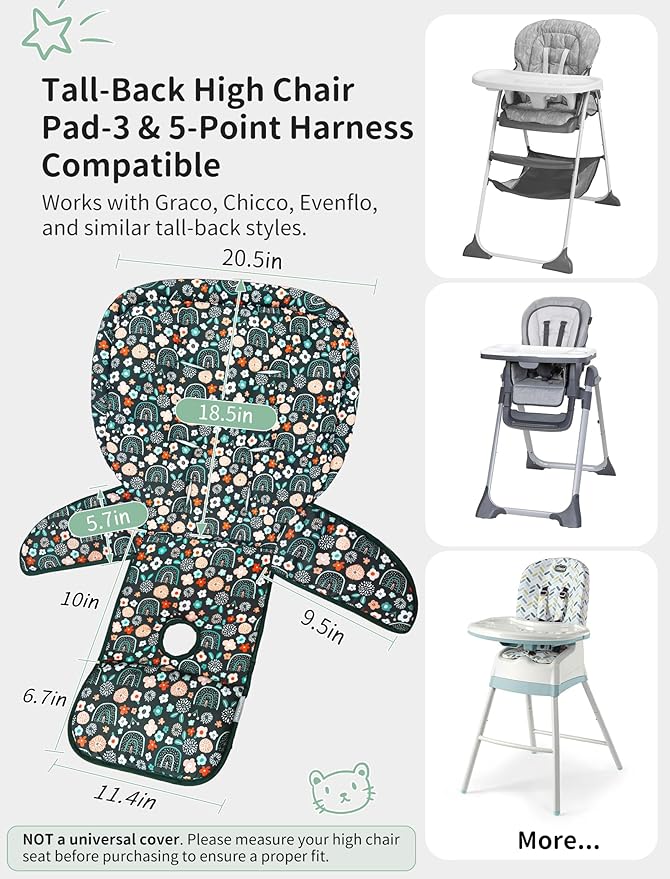 Baby High Chair Cover, Machine Washable High Chair Cushion Pad, Waterproof & Soft, Fits 3-5 Point Harness Chairs, High Chair Replacement Cover for Home & Restaurant Use Green
