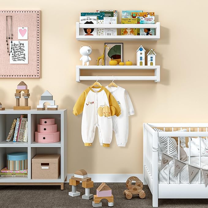 Heimlove Nursery Floating Shelves, White Nursery Book Shelves for Wall, 16 inch Wall Bookshelf for Kids Solid Wood Shelves for Books,Toys and Decor Storage, Set of 3