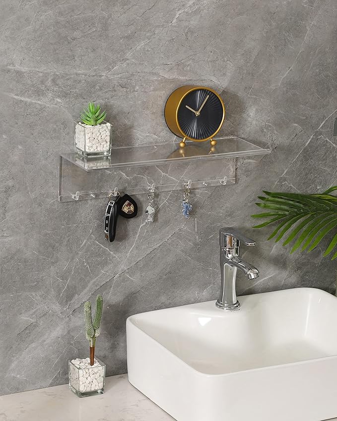 CY craft Clear Floating Shelves Display Ledge,2 PCS Decorative Wall Storage Shelves with Detachable Towel Hooks,Damage Free Adhesive Acrylic Wall Mounted Shelves for Bathroom,Kitchen,Bedroom or Office