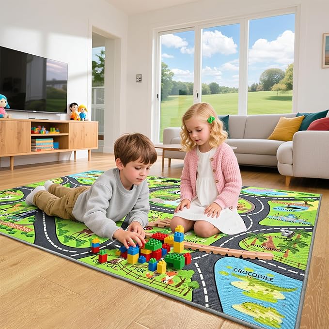 Zoo Adventure Kids Rug, Cute Animal Play Mat with Non-Slip Backing, Kids Carpet with Lions, Tigers & Giraffes for Educational and Fun Playtime, 5x7ft