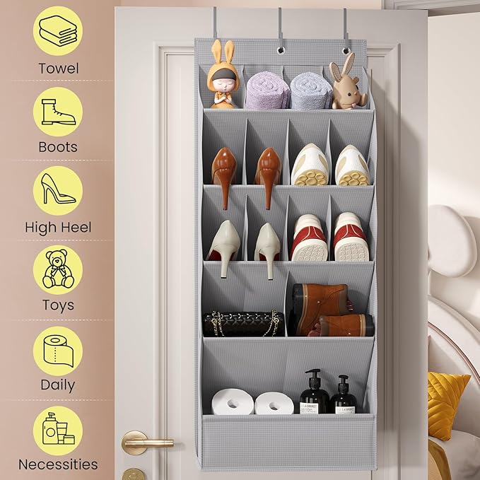 Mefirt Over the Door Shoe Rack with Large Deep Pockets, Door Shoes Organizer for Closet, Hanging Boots Shoe Rack, Behind the Door Narrow Shoe Holder, Multiple Pockets for Flexible Storage, Grey ﻿