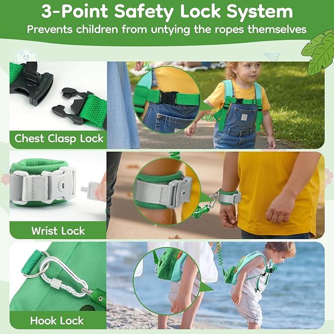 Dr.meter 3 in 1 Toddler Harness Leash + 8.2ft Anti Lost Wrist Link, Cute Dinosaur Kids Safety Harness Tether with Key Lock, Child Protective Leashes While Walking for Outdoor Activity Keep Kids Close