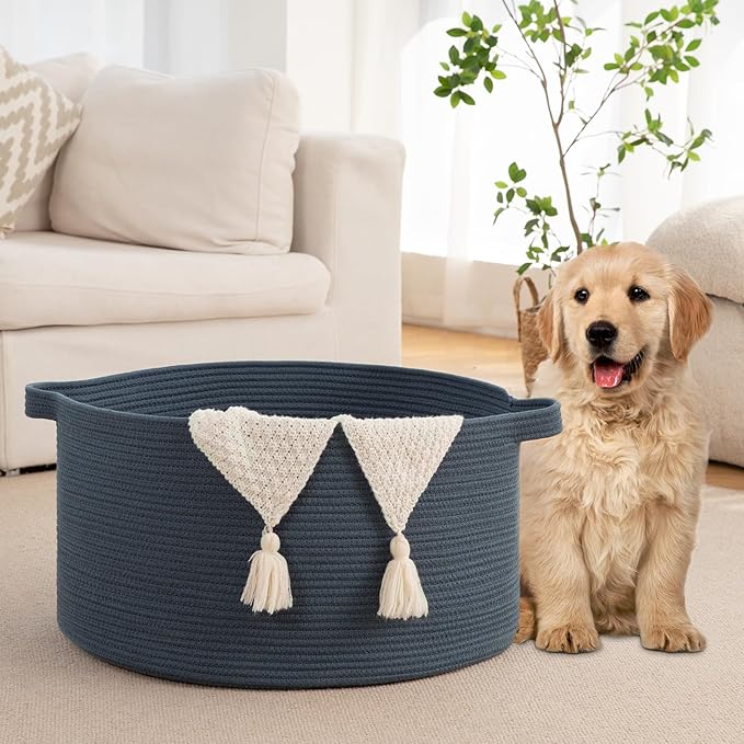 OIAHOMY 90L Blanket Basket for Living Room, Large Basket 23" x 23" x 13" with Handle, Laundry Hamper for Blankets, Pillows, Toy Storage for Kids, Dogs - Blue