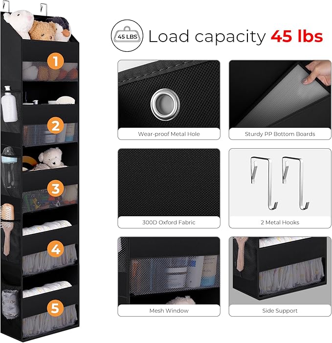 GRANNY SAYS Over The Door Organizer, 5-Shelf Waterproof Behind Door Storage with 8 Pockets and Clear Window, Anti Tilt 45bl Large Capacity Hanging Shelf for Baby Diapers, Toys Organizer, Black