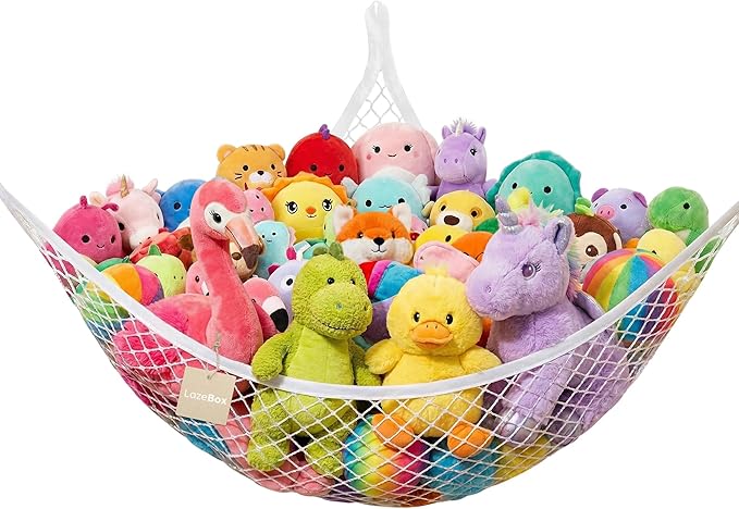 Lazebox Stuffed Animal Net Hammock for Plushie Toys, Stuffed Animal Hammock Corner for Kids' Room Decor, Ideas for Organizing Stuffy Collection, White, L (67" x 40" x 40")-Pack of 1