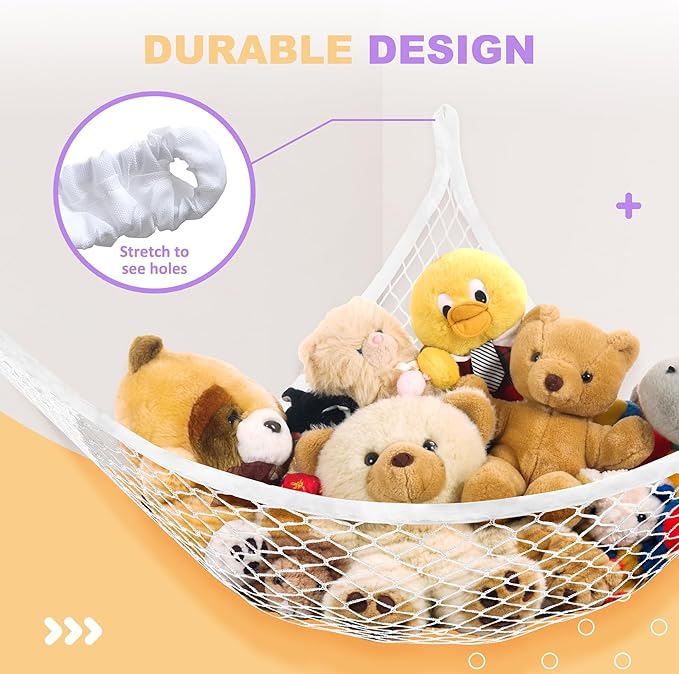 Lazebox Stuffed Animal Net Hammock for Plushie Toys, Stuffed Animal Hammock Corner for Kids' Room Decor, Ideas for Organizing Stuffy Collection, White, L (67" x 40" x 40")-Pack of 2