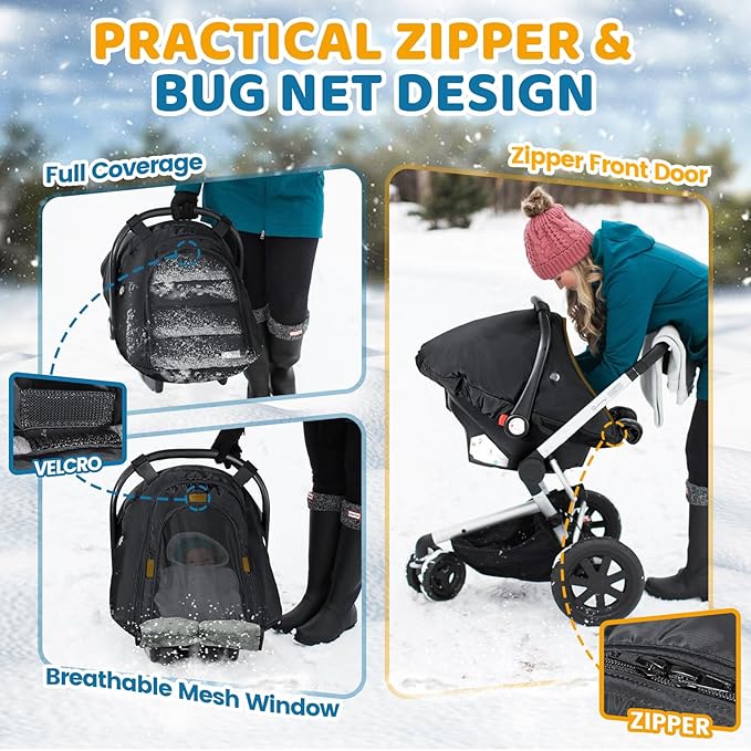 Orzbow Winter Car Seat Cover Baby | Waterproof Infant Carseat Cover Compatible with Doona Car Seats and Strollers, Breathable Baby Carseat Canopy, Baby Winter Essentials, Black