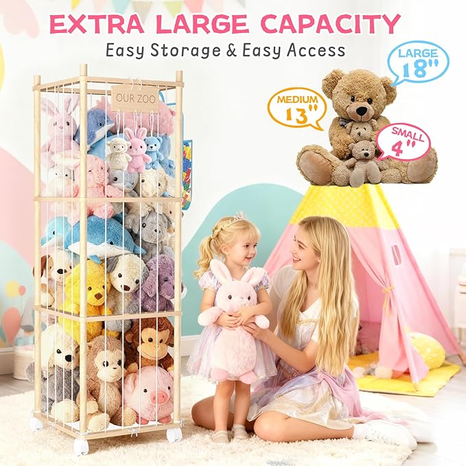 DUOQNY Large Toy Storage Organizer, 54-Inch Wooden Stuffed Animal Cage with Bag & DIY Plaque - Holds Plush Toys, Small Objects for Kids Bedroom, Nursery, Playroom - Gift for Children
