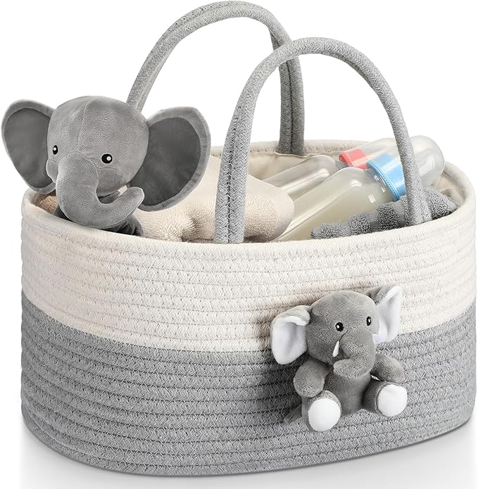 Elephant Diaper Caddy Organizer Elephant Cart Storage for Nursery with Handle Baby Shower Basket Gift Baby Bath Caddy for Diapers Wipes Basket for Nursery(Large)