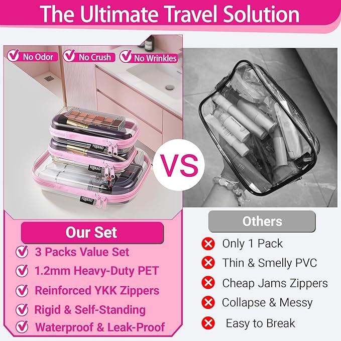 3 Pack Hard Sided Clear Zipper Case for Storage- Thickened-Grade Clear Hard Shell Zipper Case for Organizing Bead, Handicrafts, Sewing, Toiletries, Makeup (Pink)
