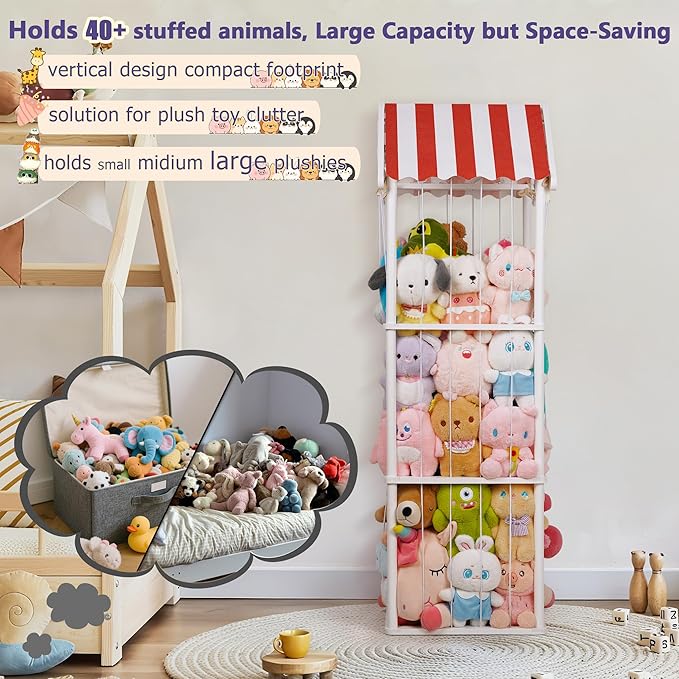 Edudif Stuffed Animal Storage, Space Saving Vertical Stuffed Animal Holder Wood, Easy Assembly Cottage-Style Plush Toys Organizer for Kids Bedroom & Playroom (White, Large)
