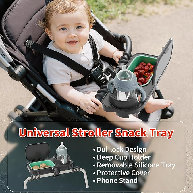 Universal Stroller Snack Tray, with Cup Holder & Removable Silicone Tray – 3-in-1 Stroller Tray Attachment for Uppababy, Nuna, Mockingbird – Easy Clean, Stable Grip, Toddler Snacking On The Go