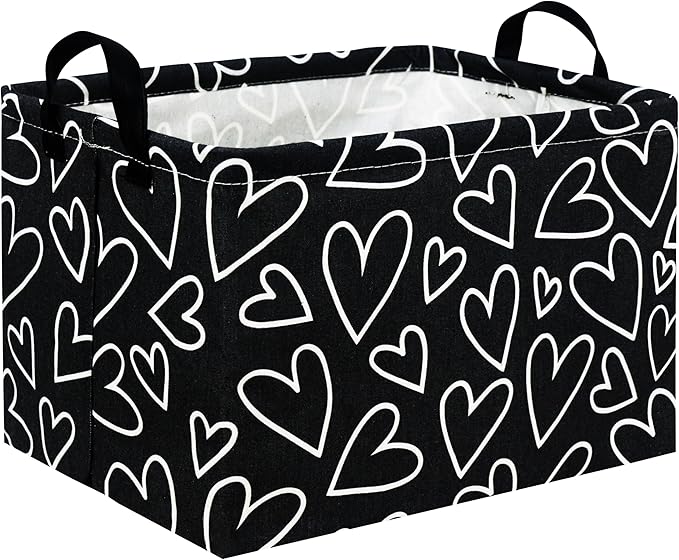 HIYAGON Rectangular Heart Basket Kids Baby Storage Bin Toy Basket Organizer Box for Girls Love Room Decor(Black Line Heart)