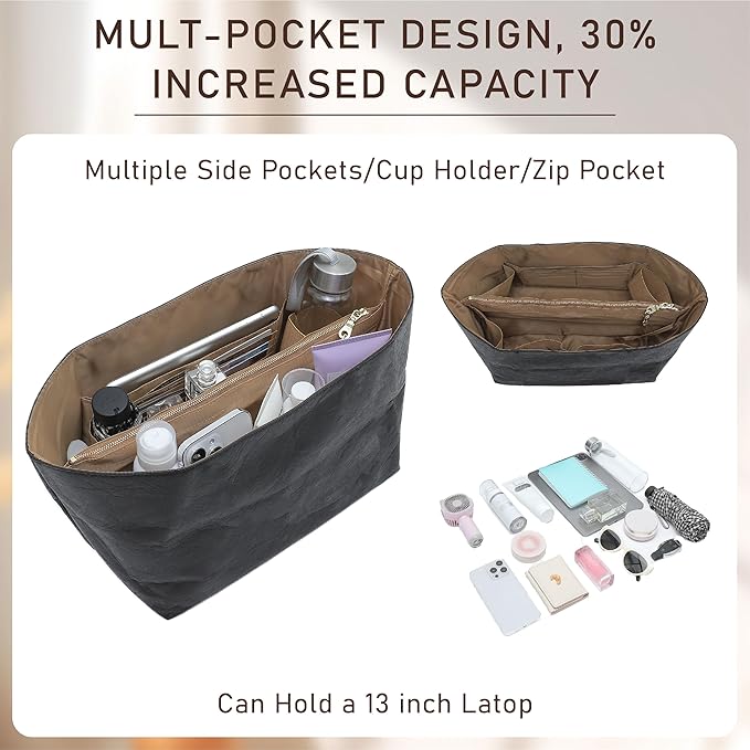 Doxo Long Champ Organizer Insert, Bag Organizer Insert for le pliage Medium, G.oyard PM, Speedy 30, Neverfull MM and More, Light Waterproof DupontPaper Purse Organizer, 6 Pockets(Black&Brown, M)