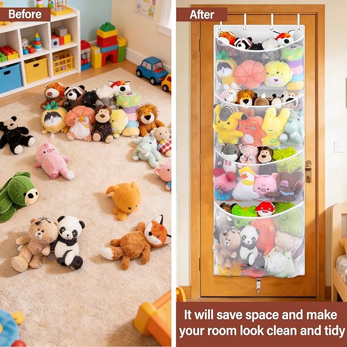 Woodoulogy Hanging Stuffed Animal Storage, Over Door Large Plush Toy Organizer with Metal Hook, Baby Accessory Holder Idea for Nursery, Doll & Bear Mesh Hammock Bag for Girl Boy Kid Room