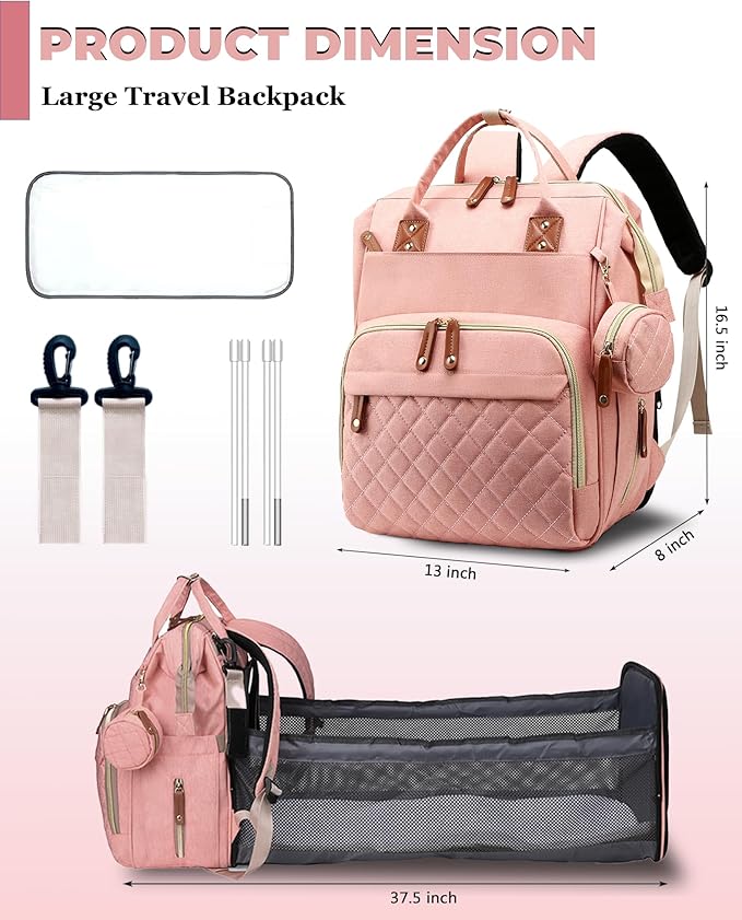 Lamroro Diaper Bag with Changing Station, Waterproof 3 in 1 Baby Diaper Backpack with Foldable Changing Pad, Large Travel Back Pack for Baby Girl Boy, Peach Pink