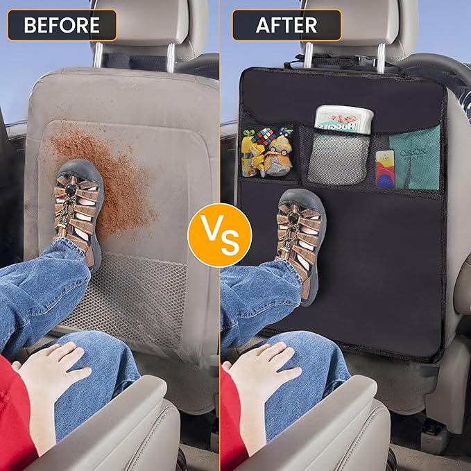 EcoNour 2 Pack Back Seat Protector for Kids Feet | Premium Waterproof Kick Mats with 2 Pocket Organizer | Backseat Cover for Vehicles to Protect from Dirt, Mud & Scratches | Travel Accessories