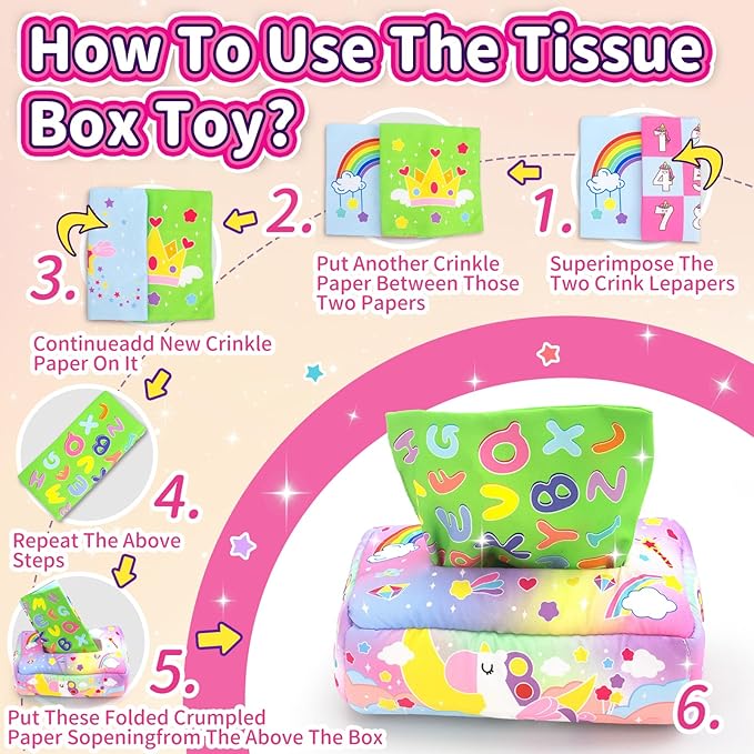 usrela Baby Toys 6 to 12 Months - Tissue Box Toy, Tissue Learning Toys with Alphabet Number Color Sound, Baby Sensory Toy Gifts for 6 9 12 18 Months Old