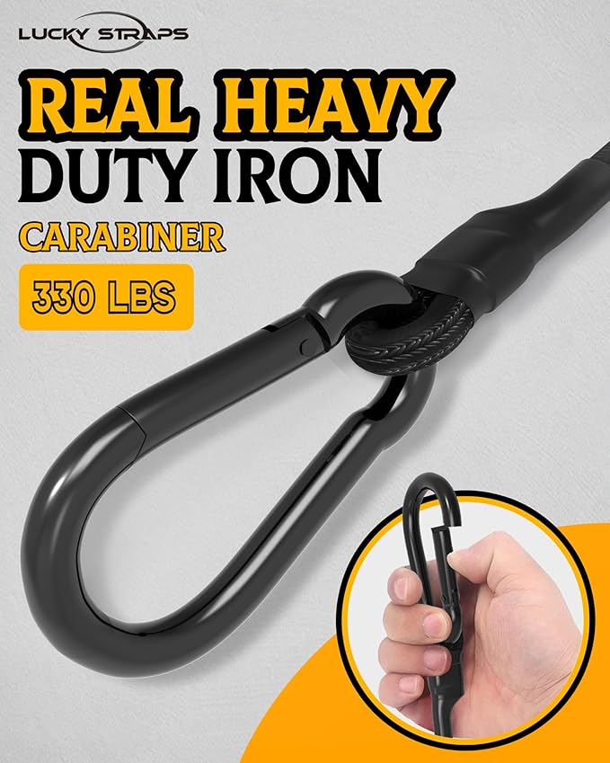 120'' Real Heavy Duty Carabiner Bungee Cords Outdoor with 190 Lbs Max Break Strength, Black Bungee Straps with Upgraded Carabiner Hooks for Luggage Rack, Cargo, Hand Carts, Bike, Camping, etc (2 Pcs)