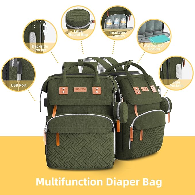 ISMGN Diaper Bag Backpack with Changing Station, Large Diaper Bag, Baby Bag, Multifunctional Diaper Bag, ARMYGREEN