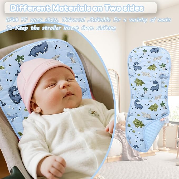 Baby Stroller Cushion,Soft Minky Dotted and Printed Stroller Seat Liner-Reversible Universal Breathable and Soft Newborn Pram Pad, Cotton Infant Car Seat Insert-82x37cm,1 Pack(Dinosaur+Baby Blue)