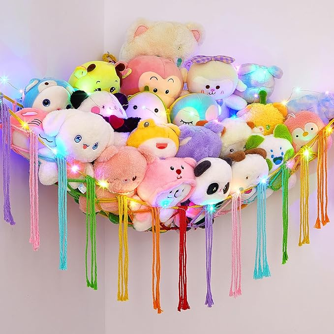 Basumee Stuffed Animals Net or Hammock with LED Light, Hanging Stuffed Animals Storage Toy Hammock Net Corner Wall Girls Room Decor Toy Storage Organizer, Rainbow, L