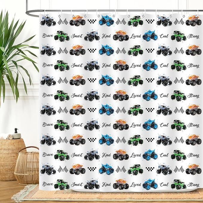 Kids Monster Truck Shower Curtain Cool Boys Cartoon Cars Inspirational Motivational Words Blue Green Orange Bathroom Decor Waterproof Fabric 72Lx72W inch with 12PCS Hooks