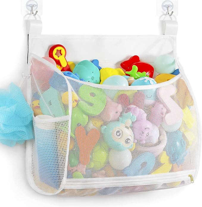 Ligereza Baby Mesh Bath Toy Organizer, Multiple Ways to Hang, Ultra Large Capacity & Large Opening, Bathroom Toy Holder, Bath Toy Storage Bag With 2 Side Pockets (White)