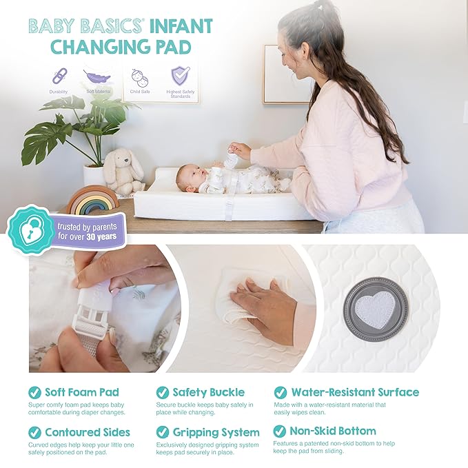 Regalo Baby Basics Changing Pad with Non-Slip Grip System, Waterproof Diaper Changing Pad for Dresser or Changing Table, Contoured Infant Changing Pad with Safety Strap, White