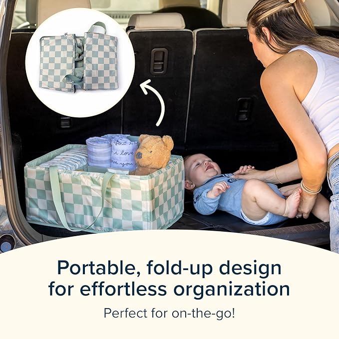 Tiny Twinkle Diaper Caddy Organizer | Foldable Baby Storage Basket with Removable Divider | Waterproof & Mess-Proof Fabric, Portable Nursery Organizer for Newborn Essentials (Black Checkers)