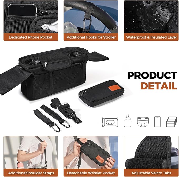 Stroller Organizer with Cup Holder Detachable Wristlet Large Capacity Baby Stroller Bag for Mom, Fits Uppababy, Baby Jogger, Britax, BOB, More (Black)