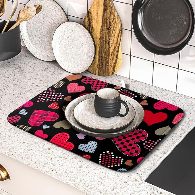 Happy Valentine's Day Black Dish Drying Mat for Kitchen Counter,Pink Love Heart Drying Mat 16 x 18 Inch with High Absorbent Microfiber Drainer Mat for Coffee Bar